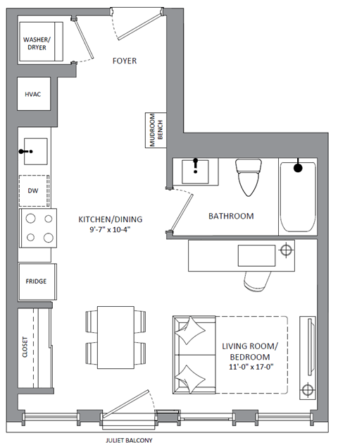 Floor plan for studio, 1 bath, 458 sqft
